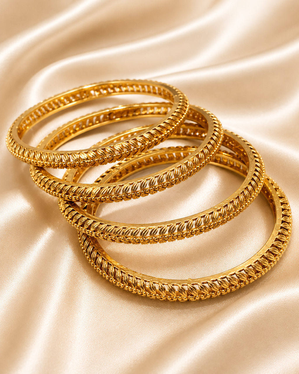 Classic Leaf Engraved Gold Bangle Set