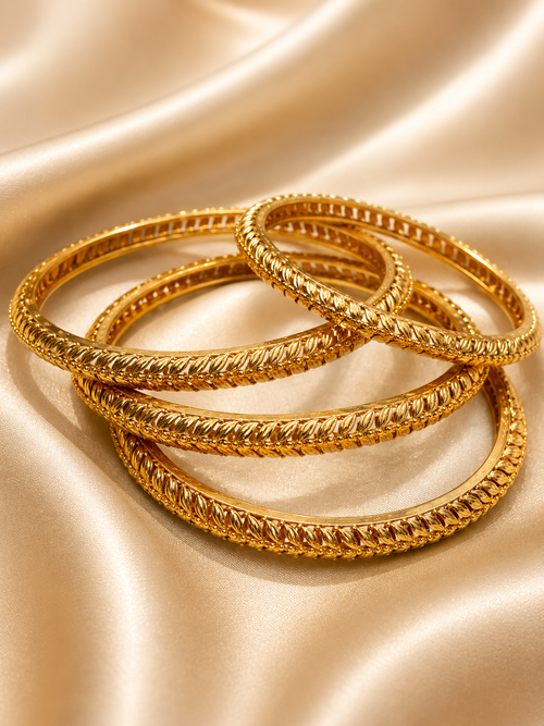 Classic Leaf Engraved Gold Bangle Set