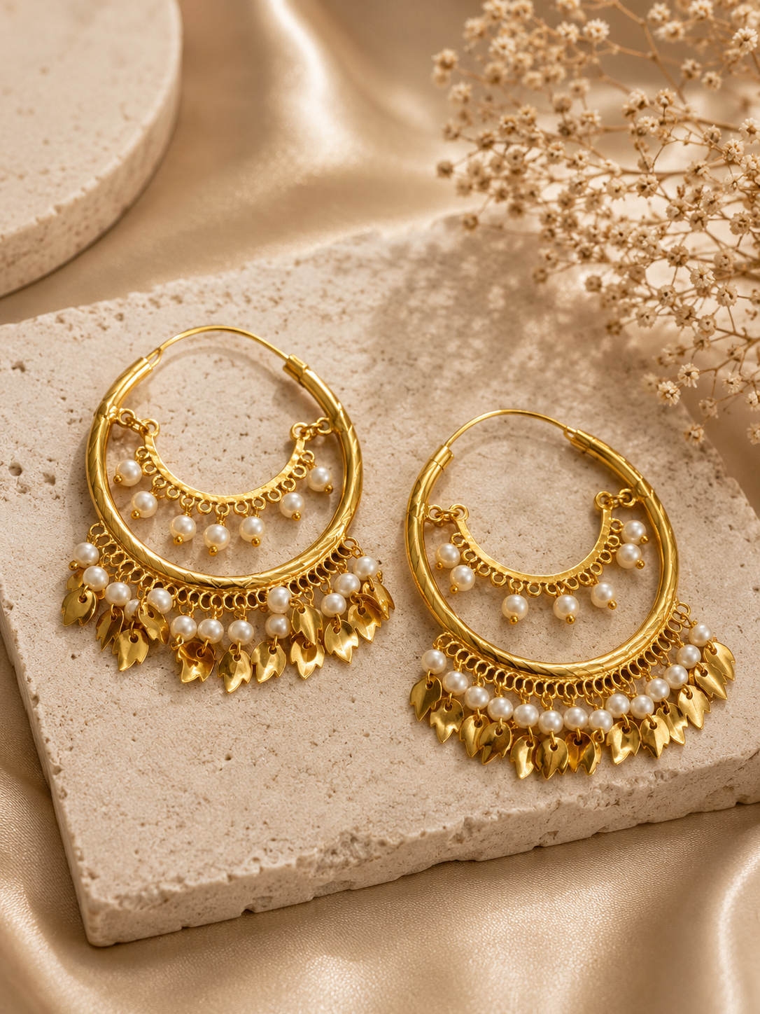 Golden pearl hoops
